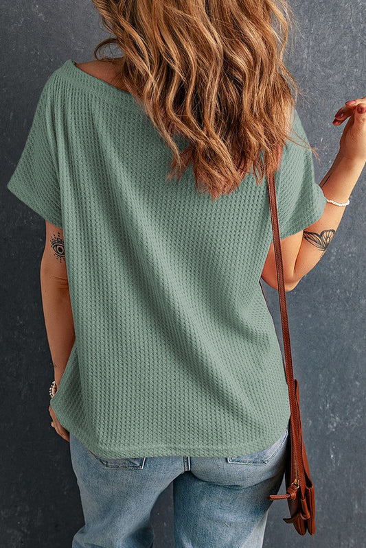 Mist Green Waffle Knit Boat Neck Short Sleeve Top