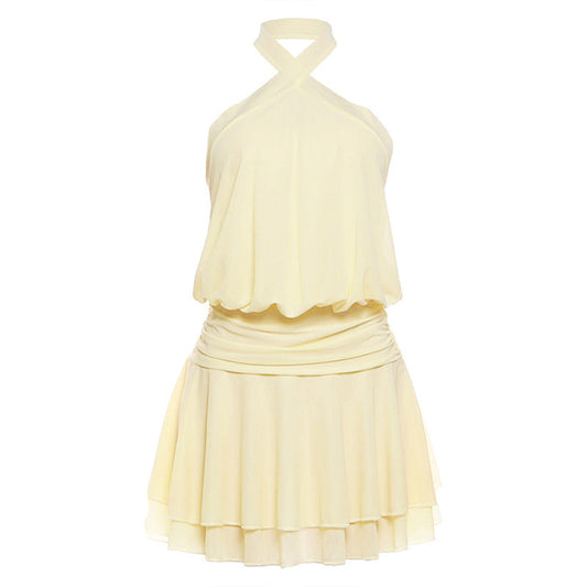 Spring Women Clothing Solid Color Slim Halter Sleeveless Backless Sexy Trend Pleated Dress Women