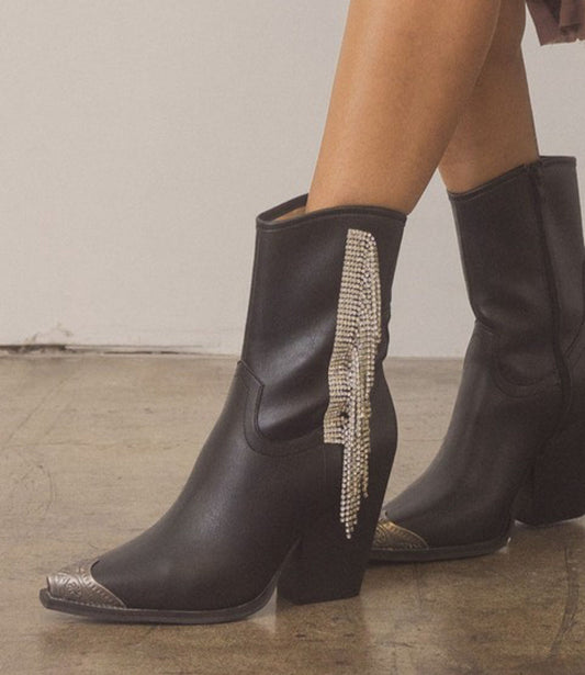 Kai Rhinestone Fringe Boots - Black