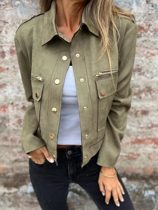 Full Size Snap Down Long Sleeve Jacket Plus Size