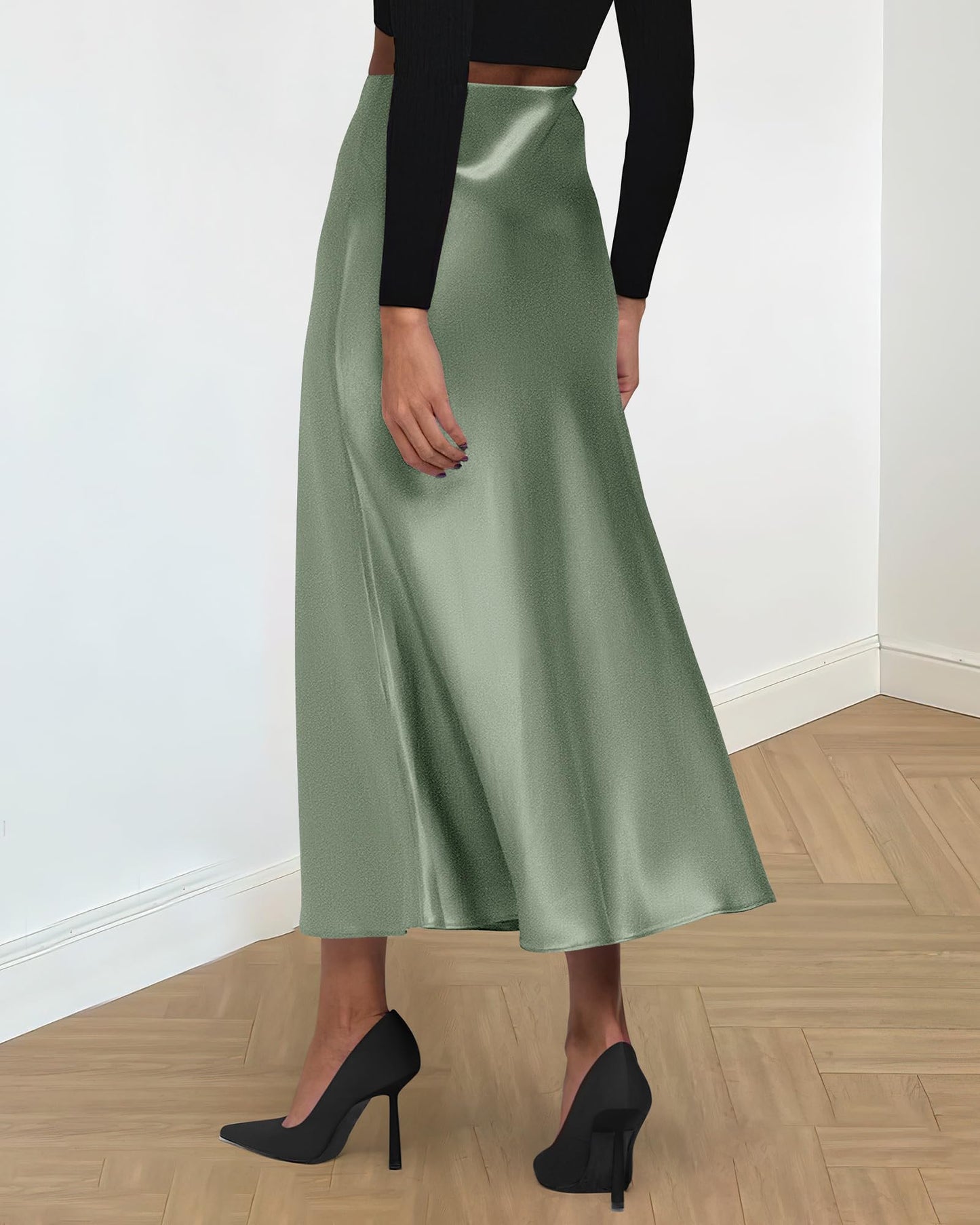 Women's High Waist Satin Midi Skirt - Elegant A-Line Flowy Party Wedding Skirt