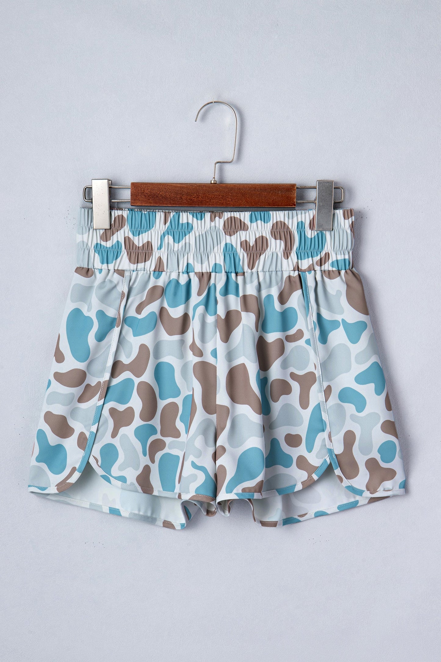 Sky Blue Camouflage Print Shirred High Waist Athleisure Shorts