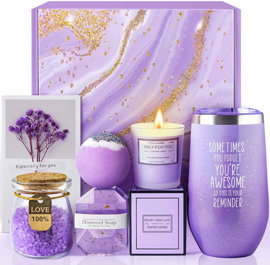 Lavender Spa Gift Basket for Women - 6 Piece Relaxation Set Birthday Christmas Mothers Day