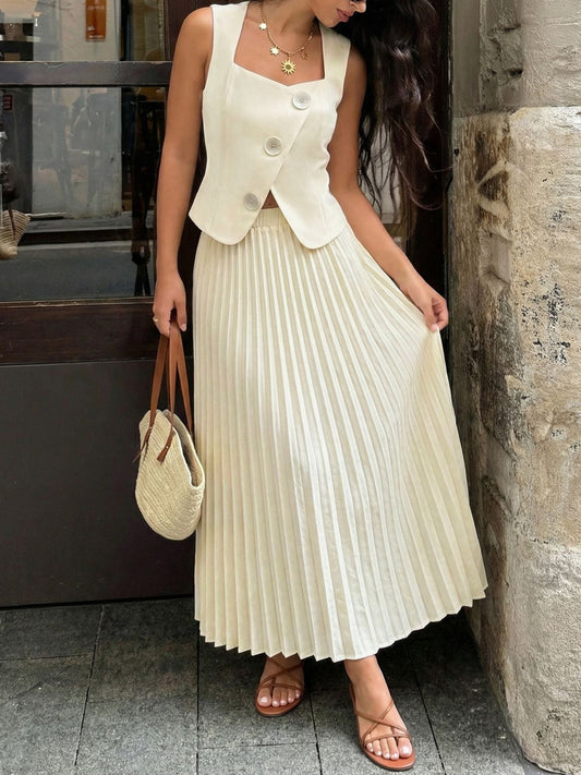 Sleeveless Vest and Pleated Maxi Skirt Set