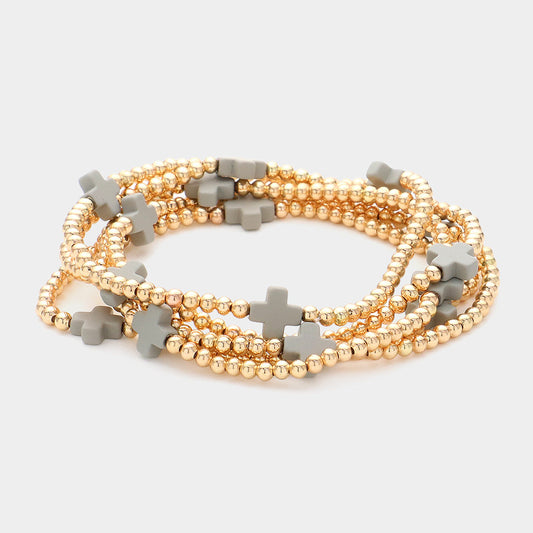 5PCS - Cross Pointed Metal Ball Beaded Stretch Multi Layered Bracelets