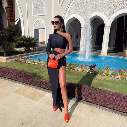 Long Sleeved Hollow Slit Elastic Shoulder Dress