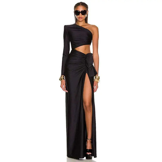 Long Sleeved Hollow Slit Elastic Shoulder Dress
